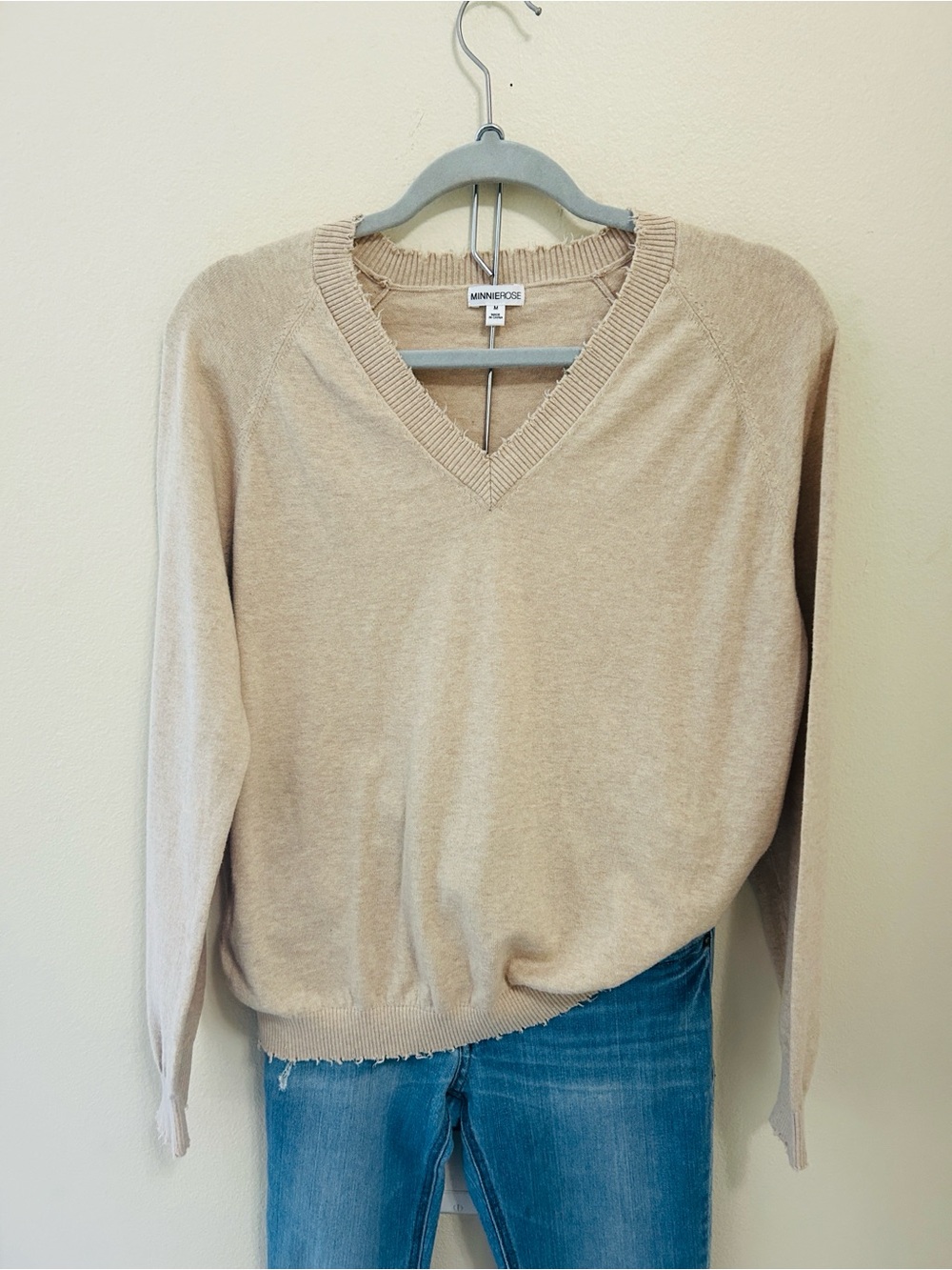 Minnie Rose cotton cashmere Frayed Edge V-neck